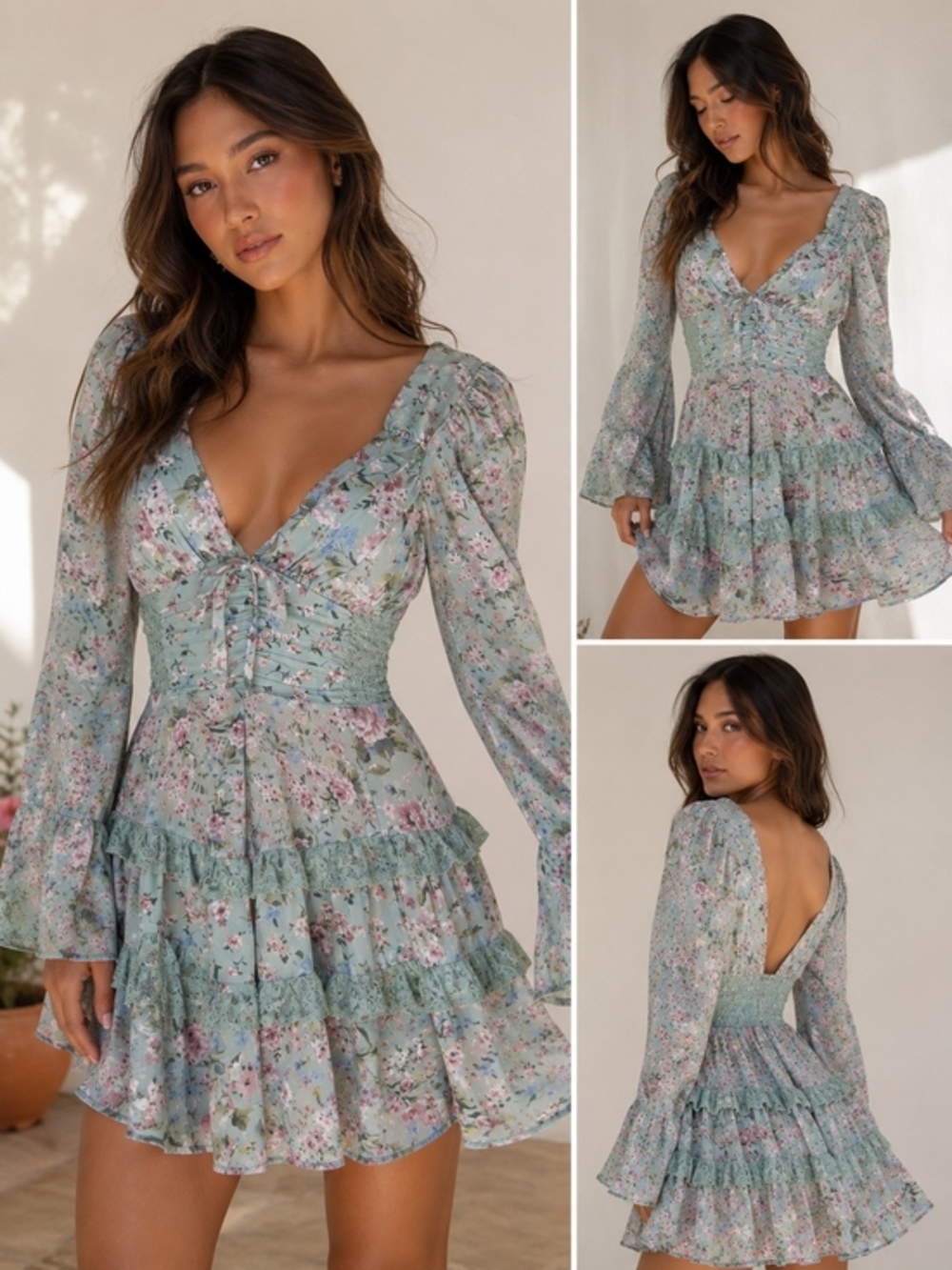 Floral Sage Long-Sleeve Tiered Mini Dress